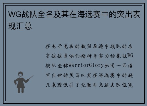 WG战队全名及其在海选赛中的突出表现汇总